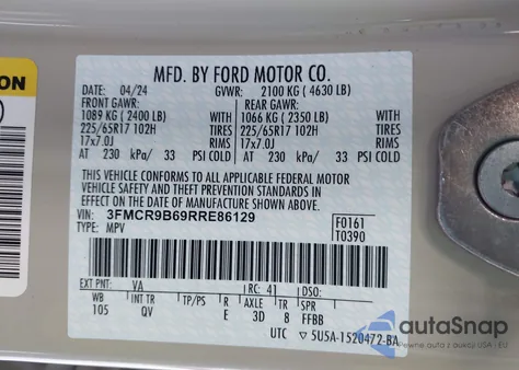 2024 Ford Bronco Sport Big Bend z USA, uszkodzony, nr VIN 3FMCR9B69RRE86129